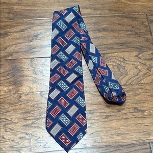 Vintage Oscar de la Renta Geometric Patterned Tie in Blue and Red